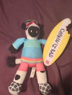 Plush Surfing Cow Toy in Turquoise & Pink - Chikin Iz Rad Surfboard